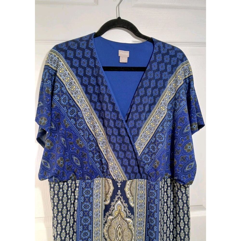 Chico's Maxi Dress Sz 4(20/22)     Paisley Printed  Blue Yellow Comfort Travel